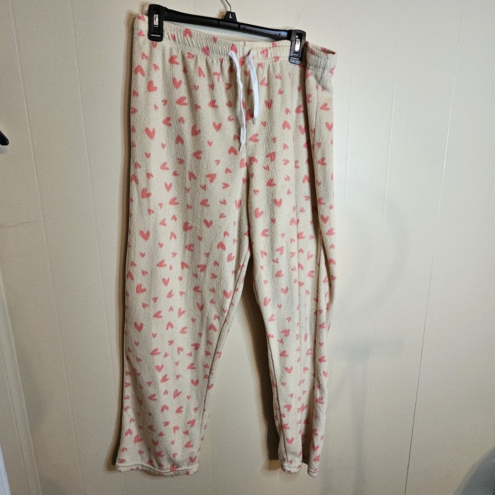 Real Essentials XL Super Soft Beige And Pink Heart Drawstring Pajama Bottoms